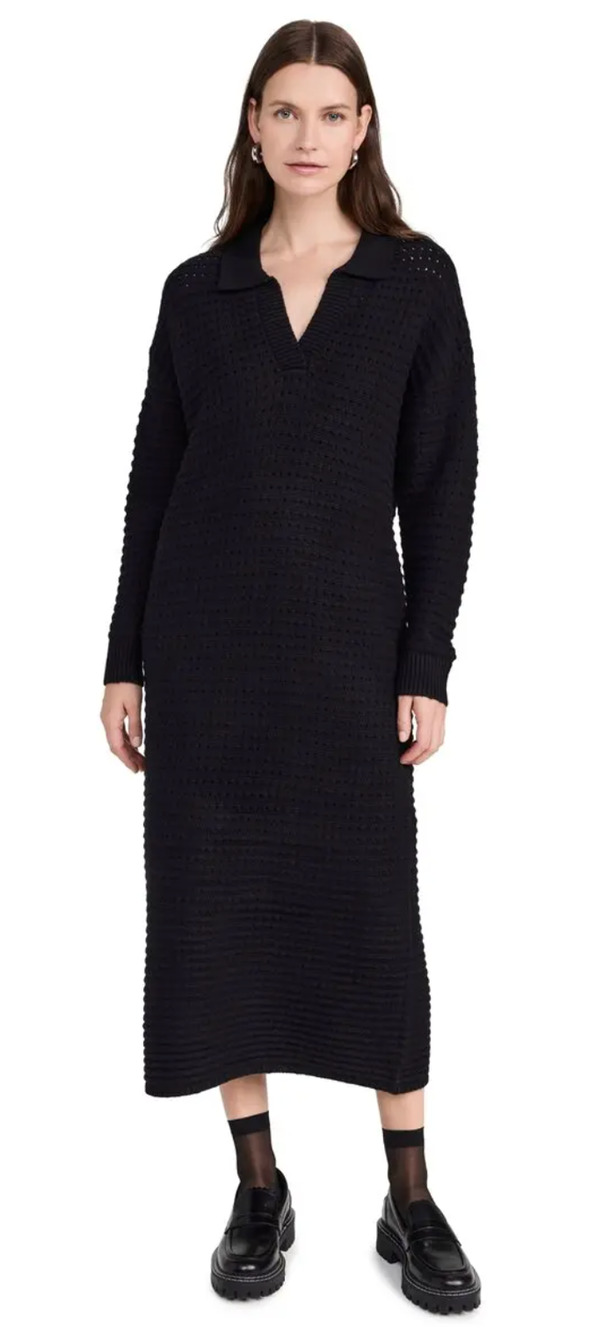 525 America Black Raya Solid Polo Knit Sweater Midi Collared Dress Tuckernuck M